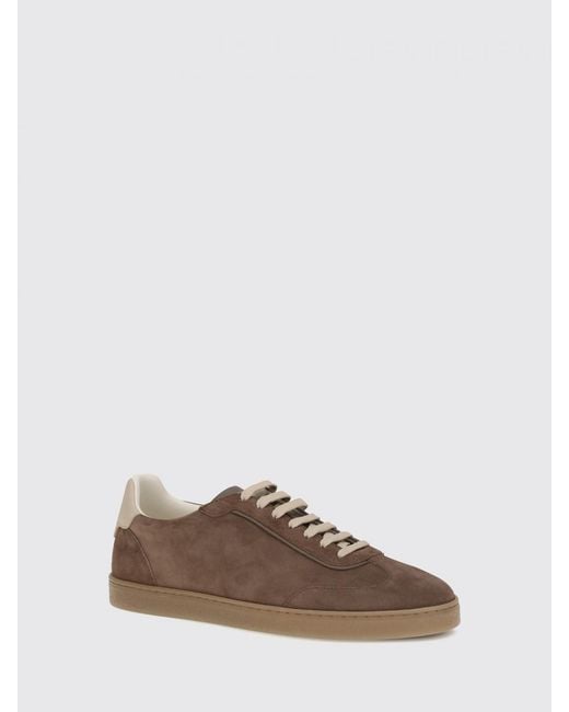 Brunello Cucinelli Brown Low-Top Suede Calfskin Trainers With Laminated Logo for men
