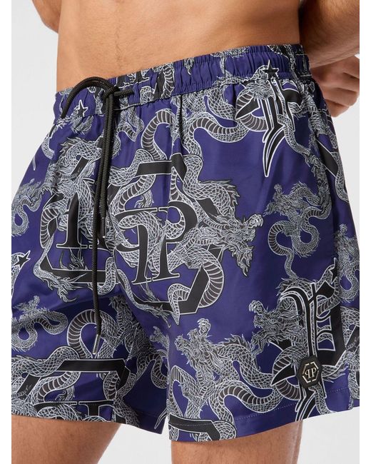 Philipp Plein Blue Printed Polyester Swimsuit for men