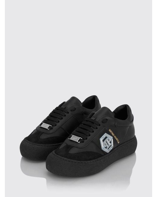 Philipp Plein Black Retro Hustle Monogram Leather Low-Top Trainers With Platform Sole for men