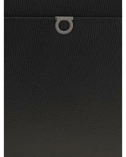 Ferragamo Black Gancini Hammered Calfskin Briefcase With Zip-Around Closure for men