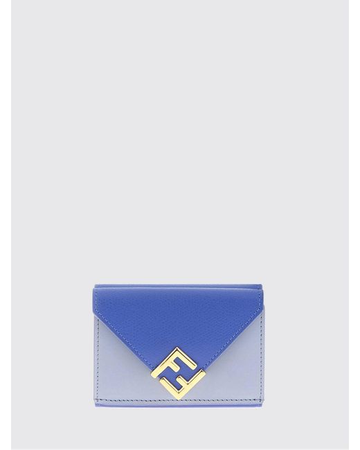 Fendi Blue Ff Diamonds Grained Leather Tri-Fold Wallet With Monogram