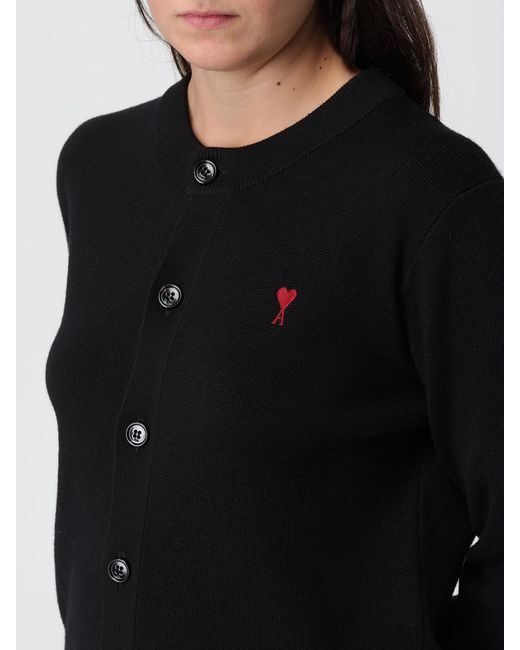 AMI Black Crew Neck Wool Cardigan With Logo