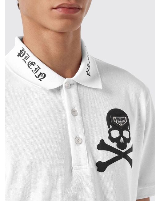 Philipp Plein White Cotton Polo Shirt With Skull Print And Hexagon Logo for men