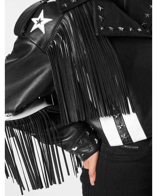 Philipp Plein Black Leather Biker Jacket With Fringes And Contrast Studs