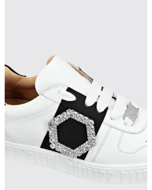 Philipp Plein White Low-Top Smooth Leather Sneakers With Jewel Buckle And Engraved Logo