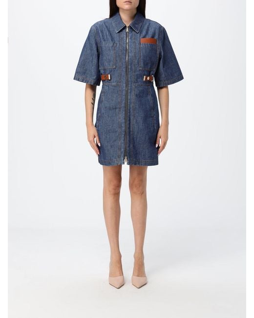 Fendi Blue Slim Fit Cotton Denim Mini Shirtdress With Zip
