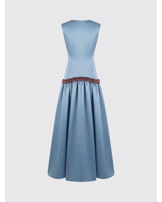 Vivetta Blue Flared Satin Midi Evening Dress With Beaded Embellishments