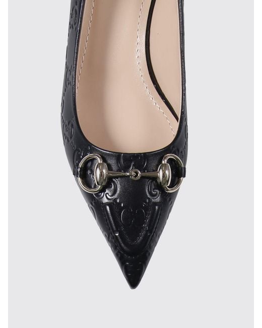 Gucci Black Leather Pumps With Embossed Gg Monogram
