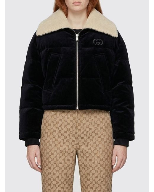 Gucci Black Velvet Padded Down Jacket With Shearling Collar