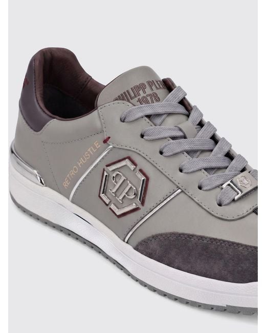 Philipp Plein Gray Retro Hustle Leather Sneakers With Hexagon Logo for men