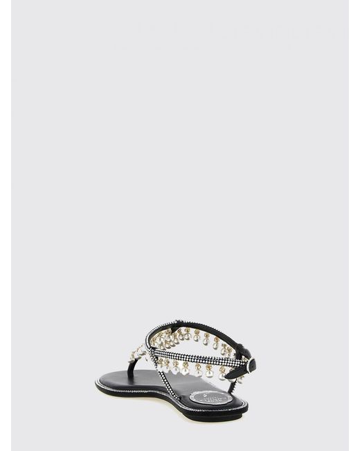Rene Caovilla White Diana Low-Heeled Leather Thong Sandals With Pearls And Crystals