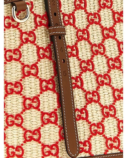 Gucci Pink Raffia Shoulder Bag With Embroidered Gg Monogram And Double Handles