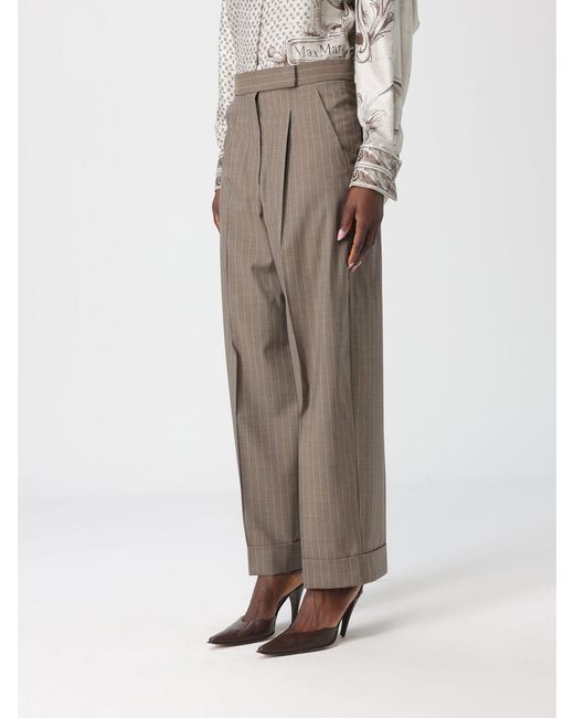 Max Mara Natural Pinstriped Virgin Wool Trousers
