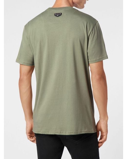 Philipp Plein Green Cotton T-Shirt With Skull Print And Rhinestone Hexagon Logo for men