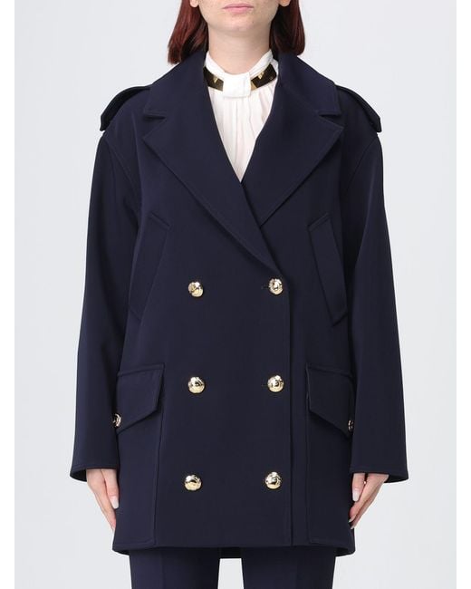 Elisabetta Franchi Blue Knee-Length Double-Breasted Scuba Coat With Metallic Buttons