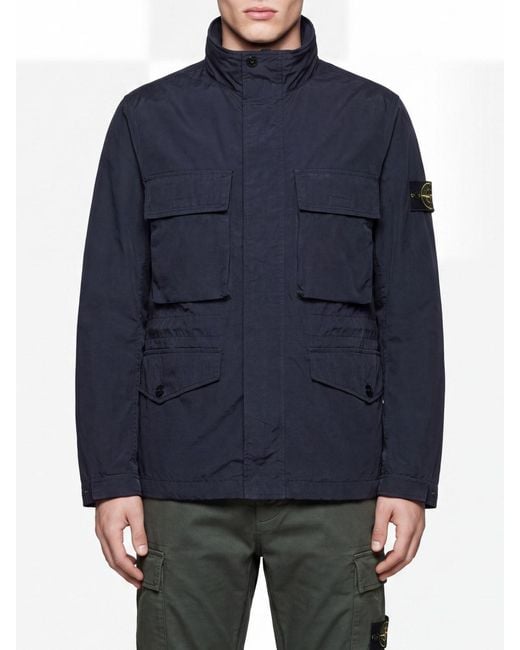 Stone Island Blue Short Technical Twill Parka With High Neck And Compass Logo for men