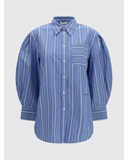 Ganni Blue Striped Cotton Shirt With Balloon Sleeves And Classic Collar