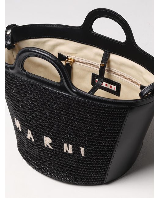 Marni Black Tropicalia Bag In Leather And Raffia
