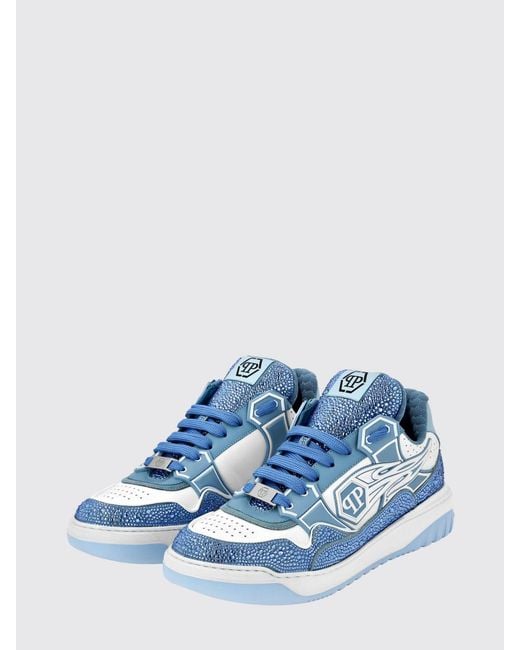 Philipp Plein Blue Leather And Rubber Rhinestone Sneakers for men