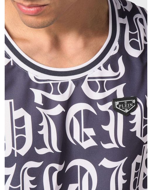 Philipp Plein Blue Gothic Cotton Tank Top With Contrast Logo And Crew Neck for men