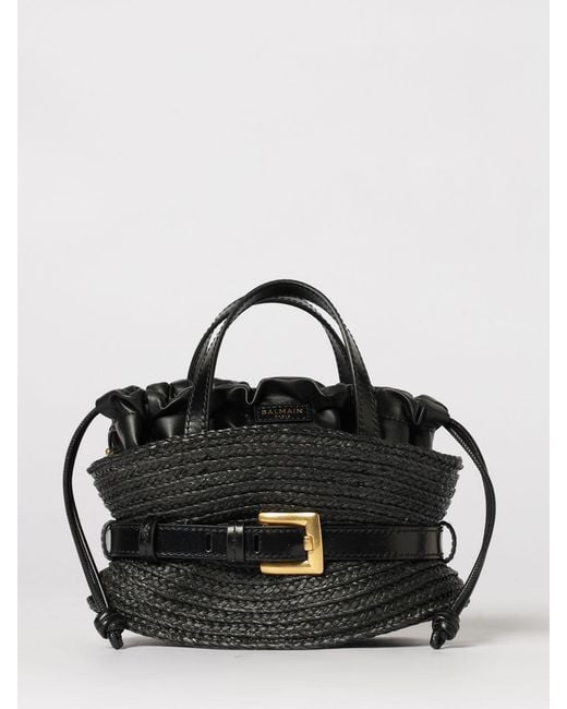 Balmain Black Shuffle Mini Raffia And Leather Bag