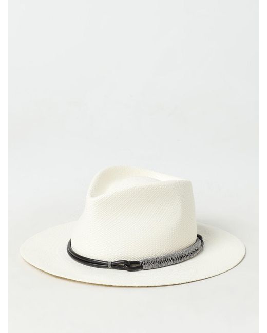 Cappello Fedora in paglia con fascia in pelle e monile di Brunello Cucinelli in White