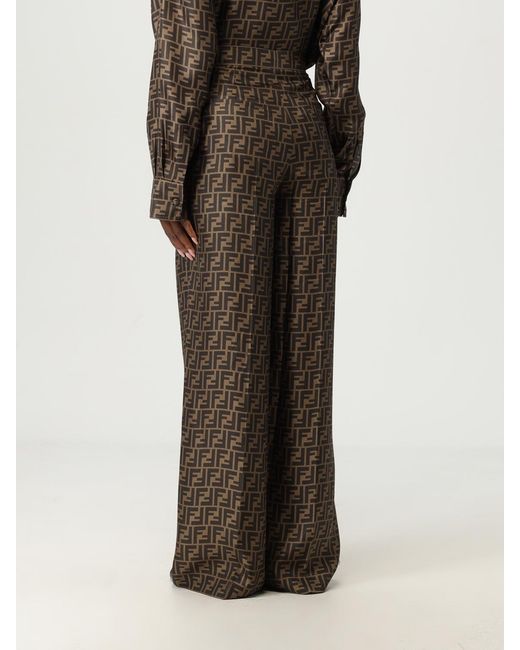 Fendi Brown Silk Trousers With Monogram Motif