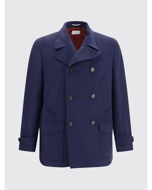 Brunello Cucinelli Blue Double-Breasted Caban Coat for men