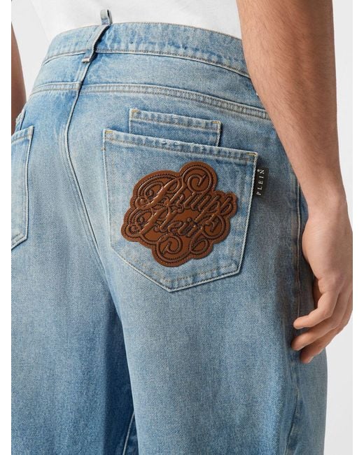 Philipp Plein Blue Wide Leg Cotton Jeans for men