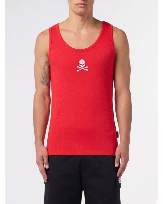 Philipp Plein Red Skull Cotton Tank Top for men