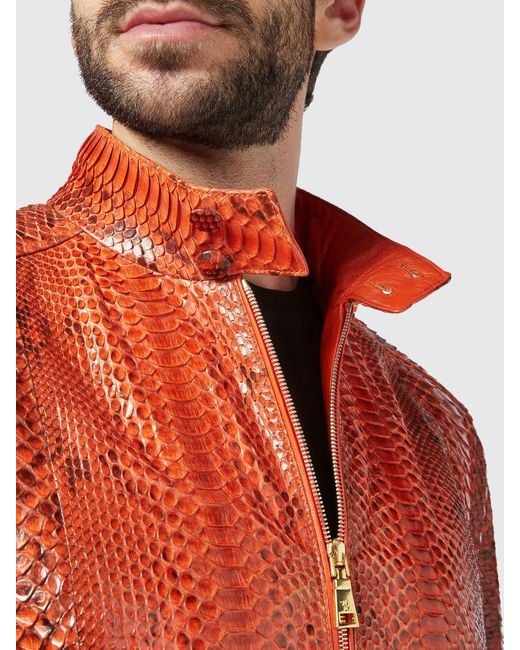 Billionaire Red Snakeskin Leather Bomber Jacket With High Collar And Zip Closure for men