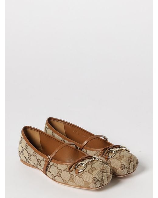 Gucci Natural Gg Fabric And Leather Ballerinas