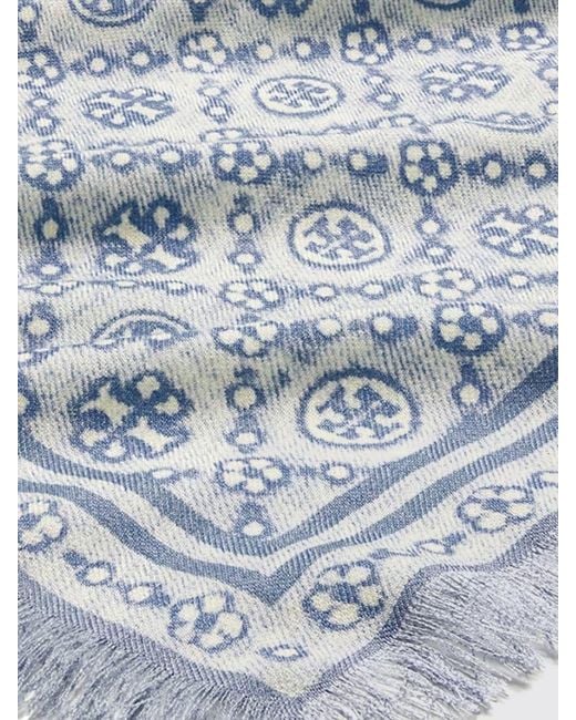 Tory Burch White Monogram Wool And Silk Blend Scarf With Fringed Edges