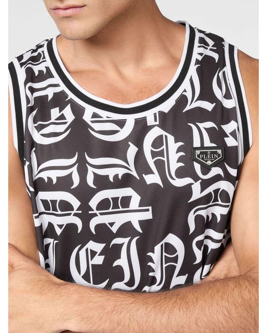 Philipp Plein Blue Gothic Cotton Vest With Contrast Logo And Crew Neck for men
