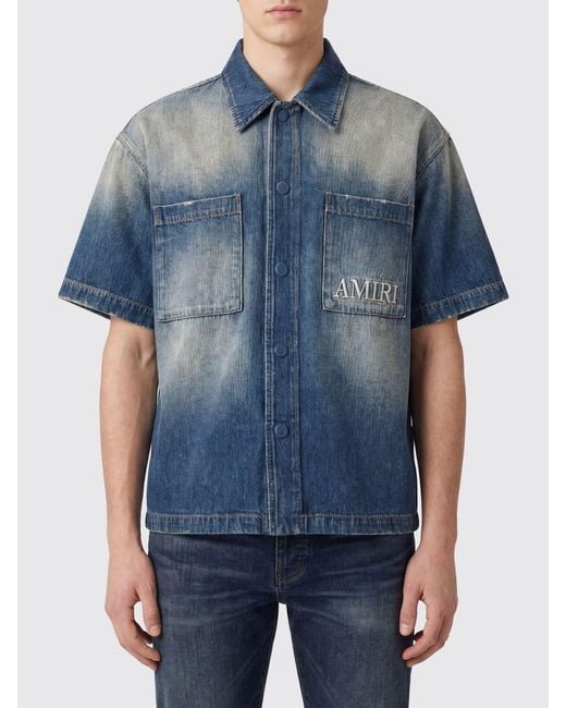 Amiri Blue Short-Sleeve Vintage Denim Shirt With Embroidered Logo And Patch Pockets for men
