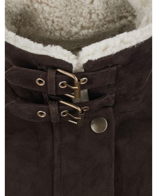 Semicouture Black Suede Leather Jacket With A Fur Collar And A Relaxed Fit