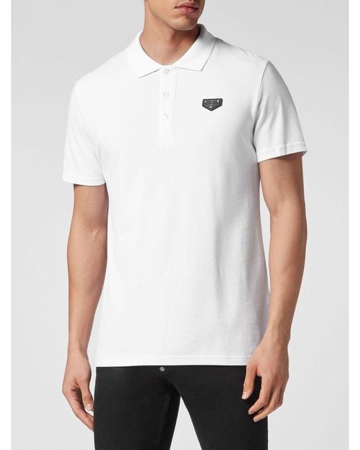 Philipp Plein White Slim Fit Cotton Polo Shirt With Hexagon Logo And Ribbed Collar for men