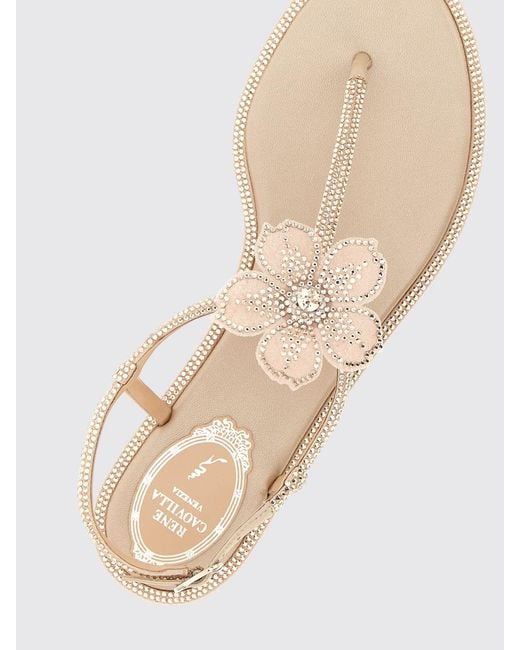 Rene Caovilla Natural Peach Flower Nappa Sandal With Rhinestones