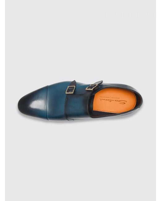 Santoni Blue Leather Monk Strap for men