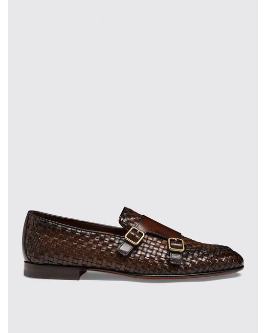 Santoni Brown Premium Leather Loafers With Woven Detail And Double Buckle Closure for men