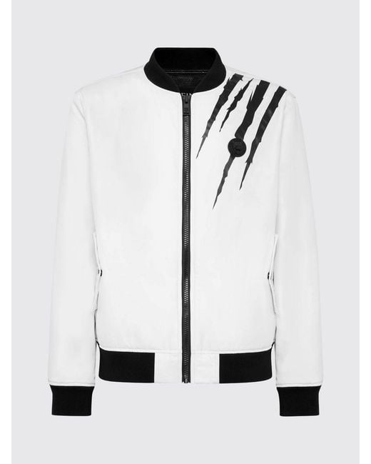 Philipp Plein White Scratch Nylon Bomber Jacket With Contrast Logo And Pockets for men