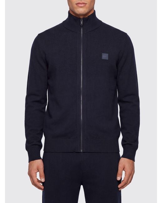 Boss Blue Cotton And Cashmere Turtleneck Zip-Up Jumper for men