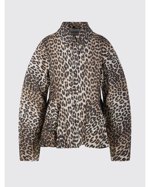Ganni Black Animal Print Organic Cotton Peplum Shirt