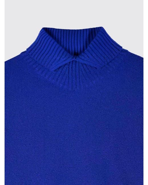 Jil Sander Blue Ribbed Pure Wool Turtleneck Jumper With Ribbed Hems