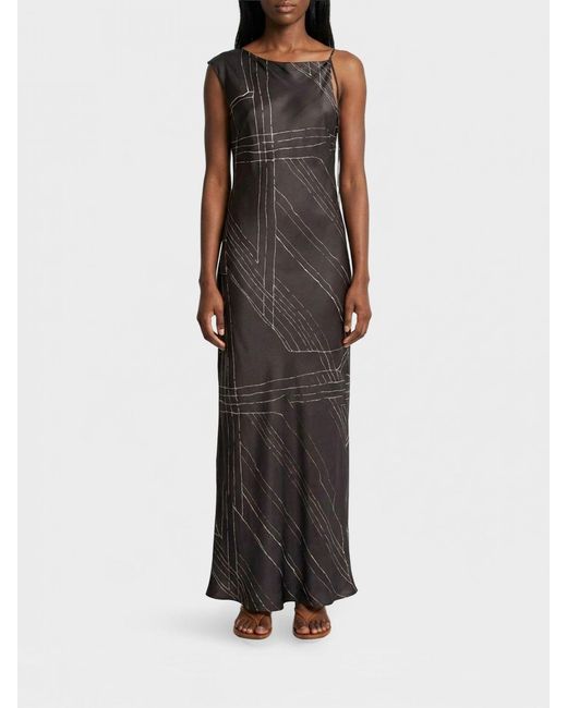 Alysi Brown Long Silk Slip Dress With Abstract Print And Thin Straps