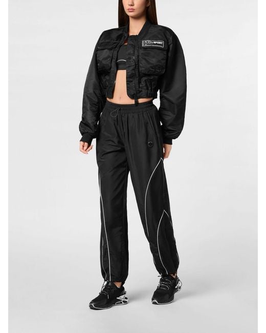 Philipp Plein Black Polyester Crop Bomber Jacket
