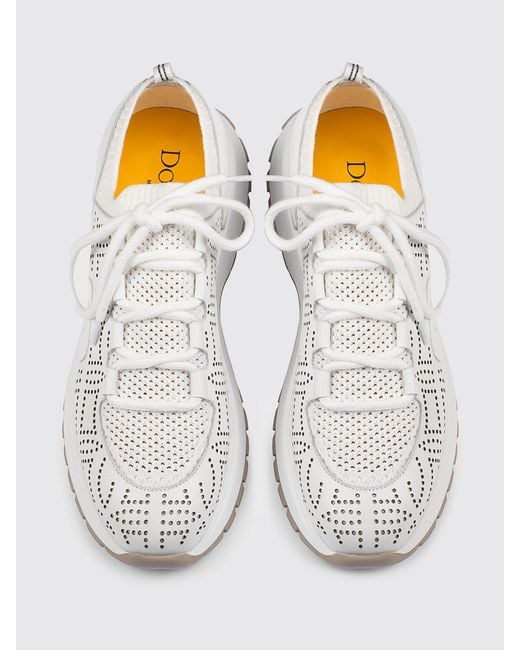 Doucal's White Perforated Leather And Crochet Knit Sneakers