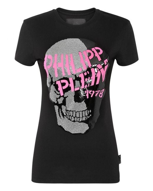 Philipp Plein Black Slim Fit Jersey T-Shirt With Rhinestone Skull Print