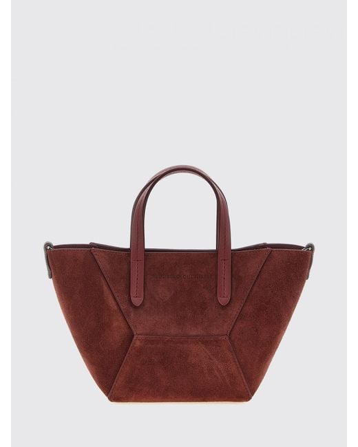 Brunello Cucinelli Brown Small Suede Handbag With Monili Embellishment