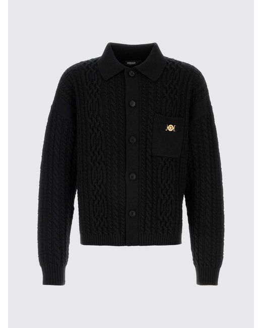 Versace Black Braided Virgin Wool Polo Cardigan for men
